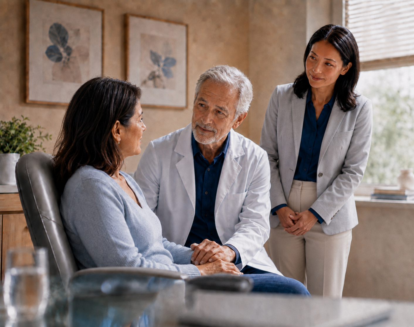 Physician meeting with an individual, family member, and medical professional