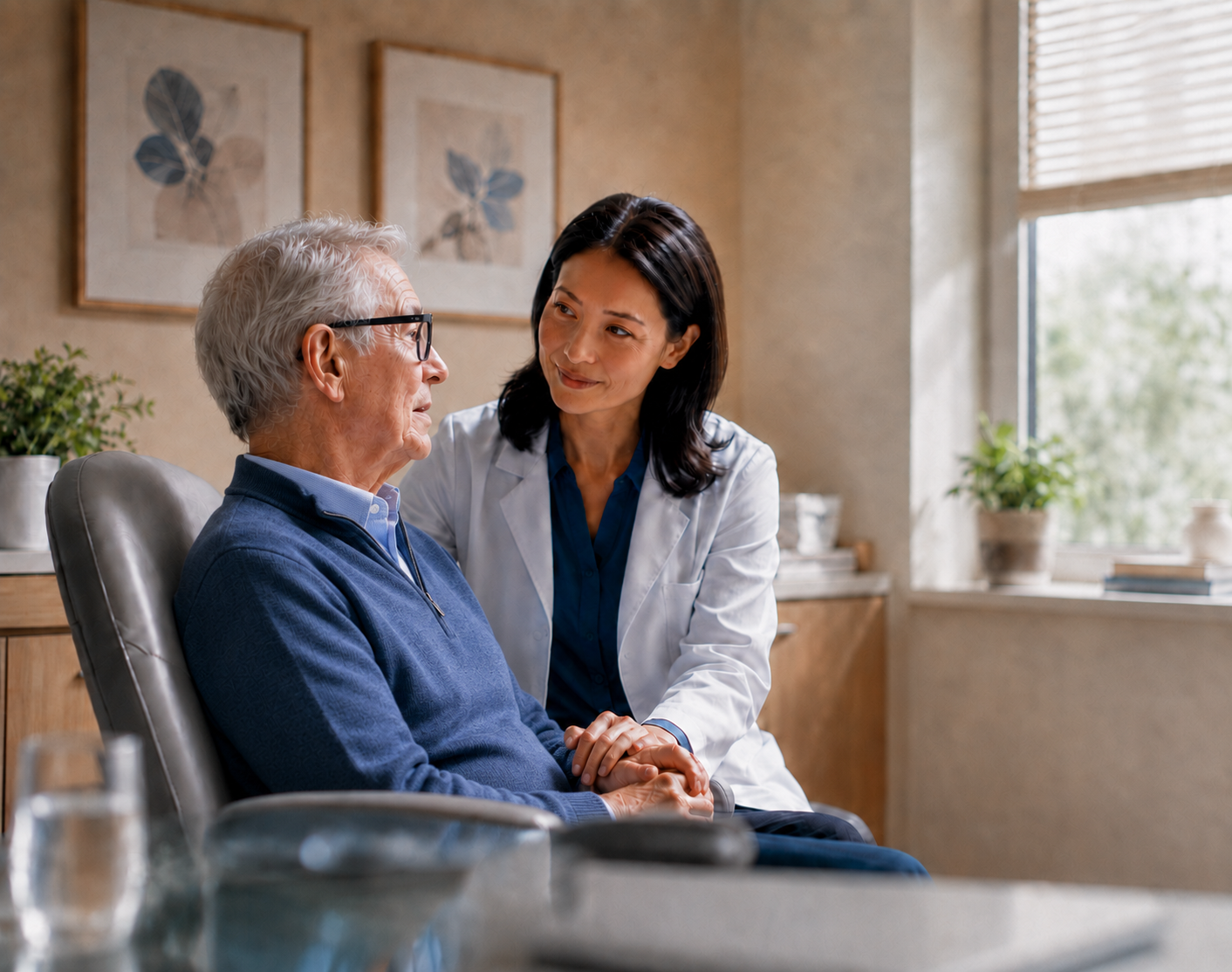 Physician speaking with an older adult during a private consultation